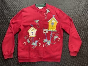 Vtg 90s Country Primitive Cottage-core Granny Bird Flower Cardigan Sweatshirt